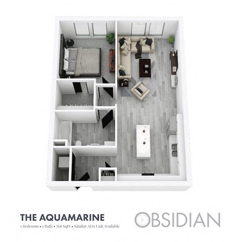 Floor plan for 1 bed, 1 bath, 768 sqft